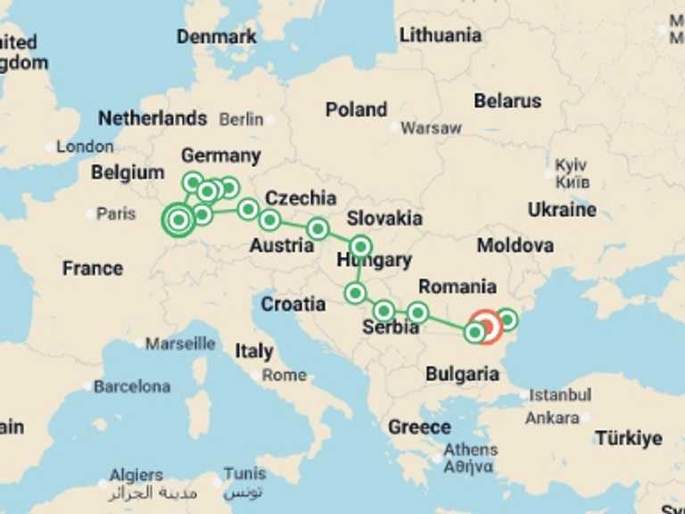 Map itinerary of Europe Tour in April 2027 with 18 destination visits for the trip: Trans-European cruise from France to the Iron Gates, 3 rivers, the Rhine, the Main and the Danube (port-to-port cruise)