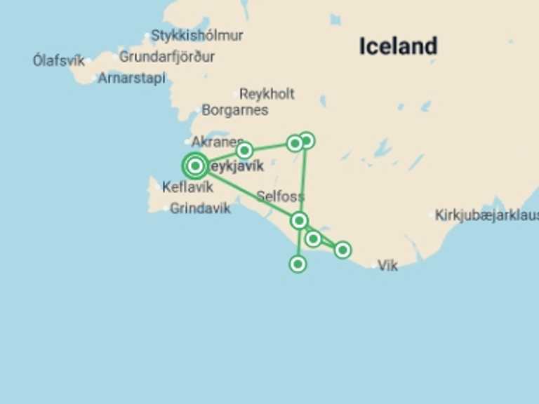Map itinerary of Europe Tour in Spring with 2 destination visits for the trip: Iceland: Hike, Bike & Kayak