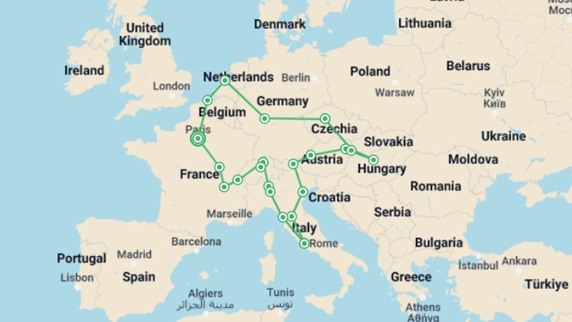 A map showing the tour itinerary for the trip: European Ring, starting in Paris, France and ending in Paris, France going through 10 other destinations.