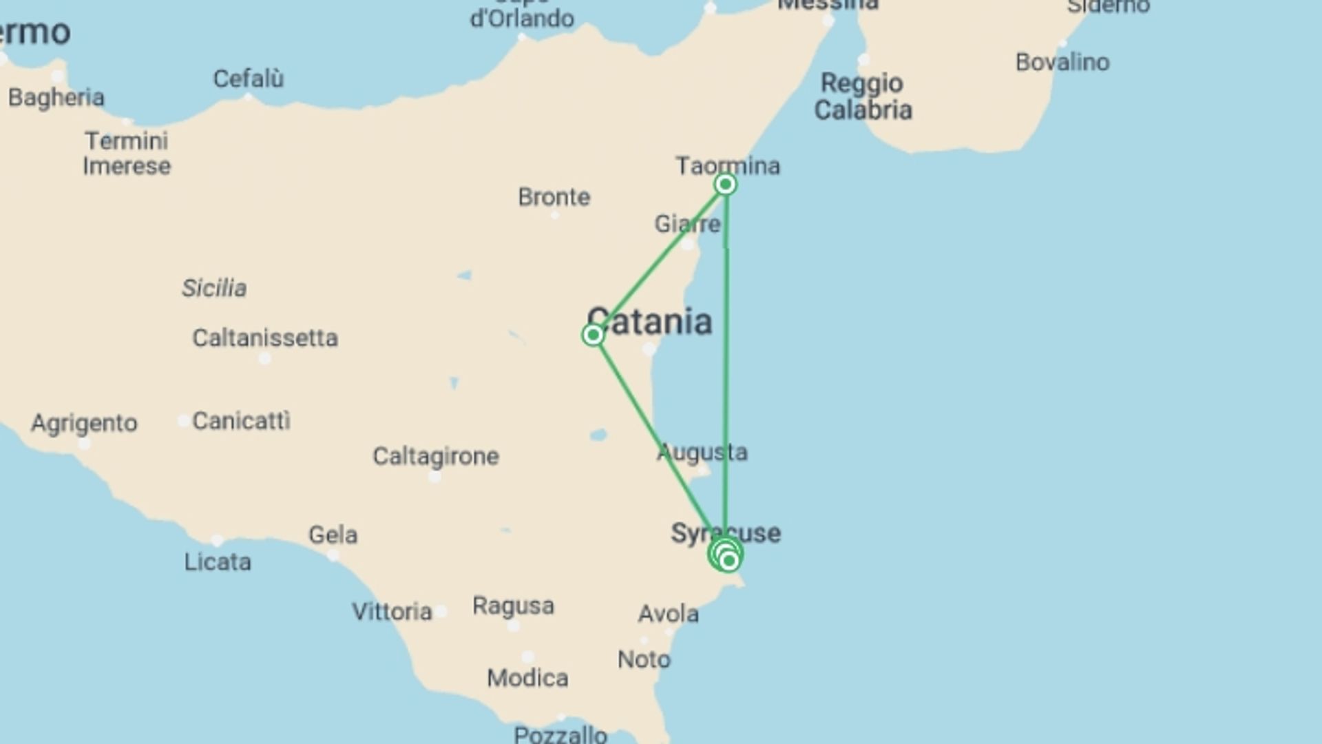 A map showing the tour itinerary for the trip: Discovering Syracuse, starting in Syracuse, Italy and ending in Syracuse, Italy going through 0 other destinations.