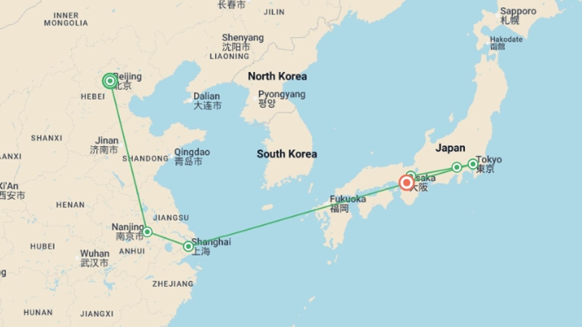 A map showing the tour itinerary for the trip: Beijing, Shanghai and Essential Japan, starting in Beijing, China and ending in Osaka, Japan going through 5 other destinations.