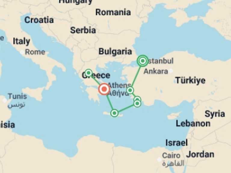 Map itinerary of Rhodes Tour in Spring with 7 destination visits for the trip: Greco-Turkish passion with Greek islands and northern Greece