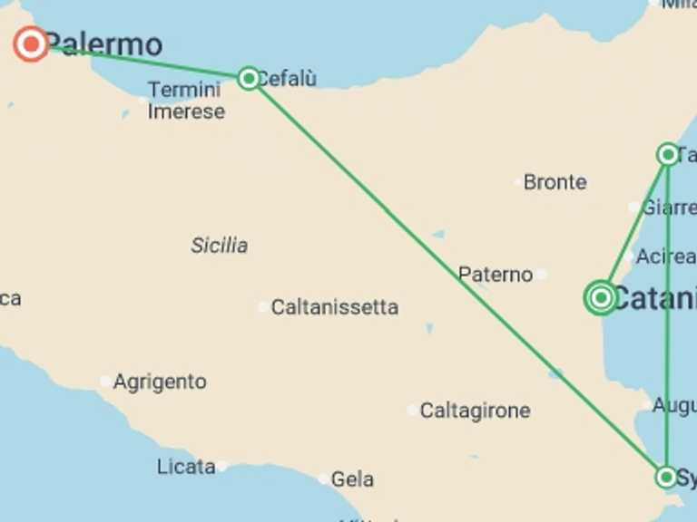Map itinerary of Europe Tour in July 2026 with 6 destination visits for the trip: Real Sicily