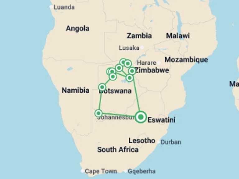 Map of Zimbabwe Wildlife Tour with 11 destination visits for the trip: Wildlife & Waterfalls - 2026