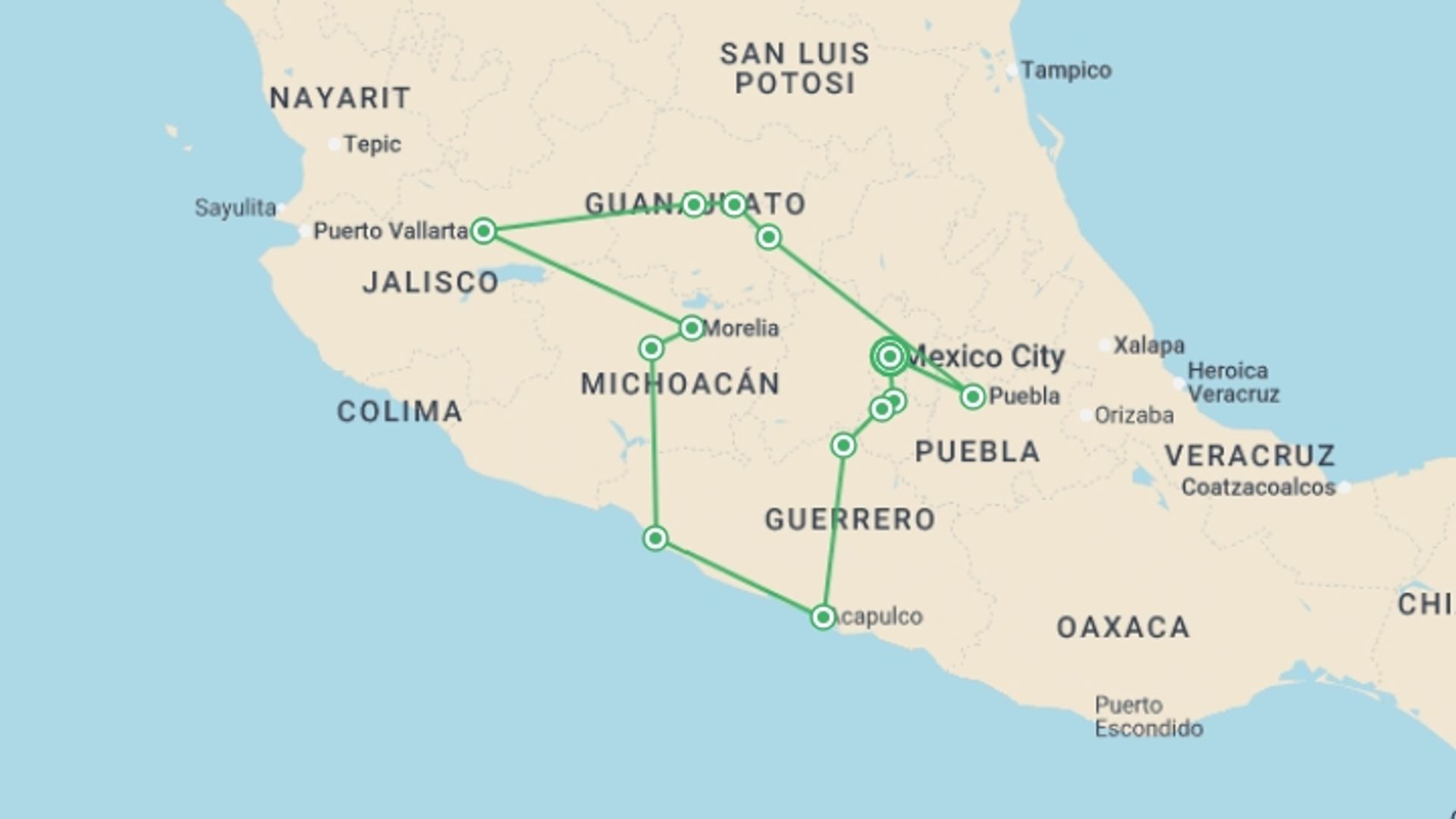 A map showing the tour itinerary for the trip: Coastal and Cultural Adventure, starting in Mexico City, Mexico and ending in Mexico City, Mexico going through 7 other destinations.