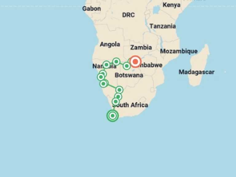 Map of a Adventure and sport Tour with 13 destination visits for the trip: Southern Africa Explorer