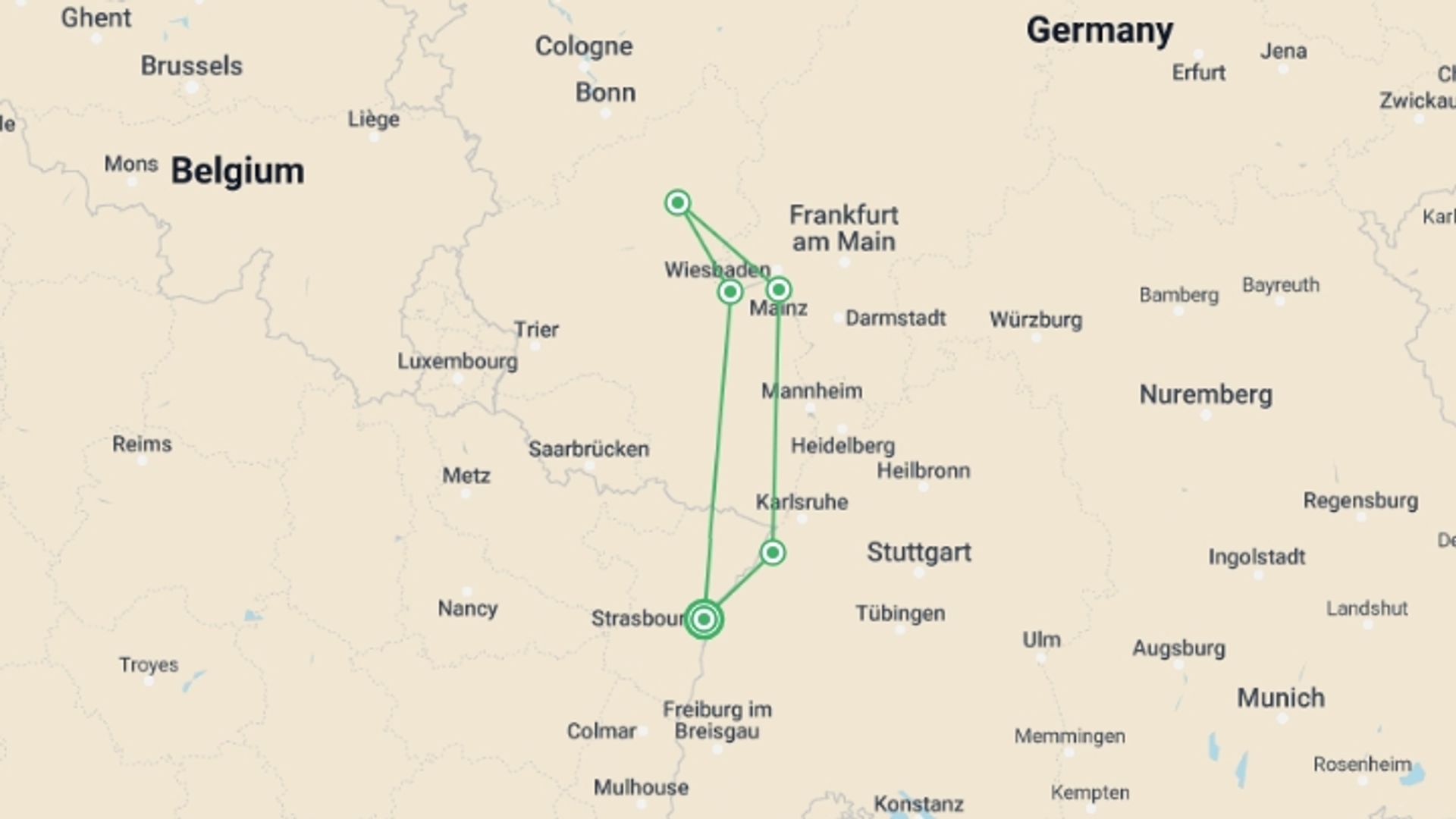 A map showing the tour itinerary for the trip: The romantic Rhine Valley and the rock of the Lorelei (port-to-port cruise), starting in Strasbourg, France and ending in Strasbourg, France going through 4 other destinations.