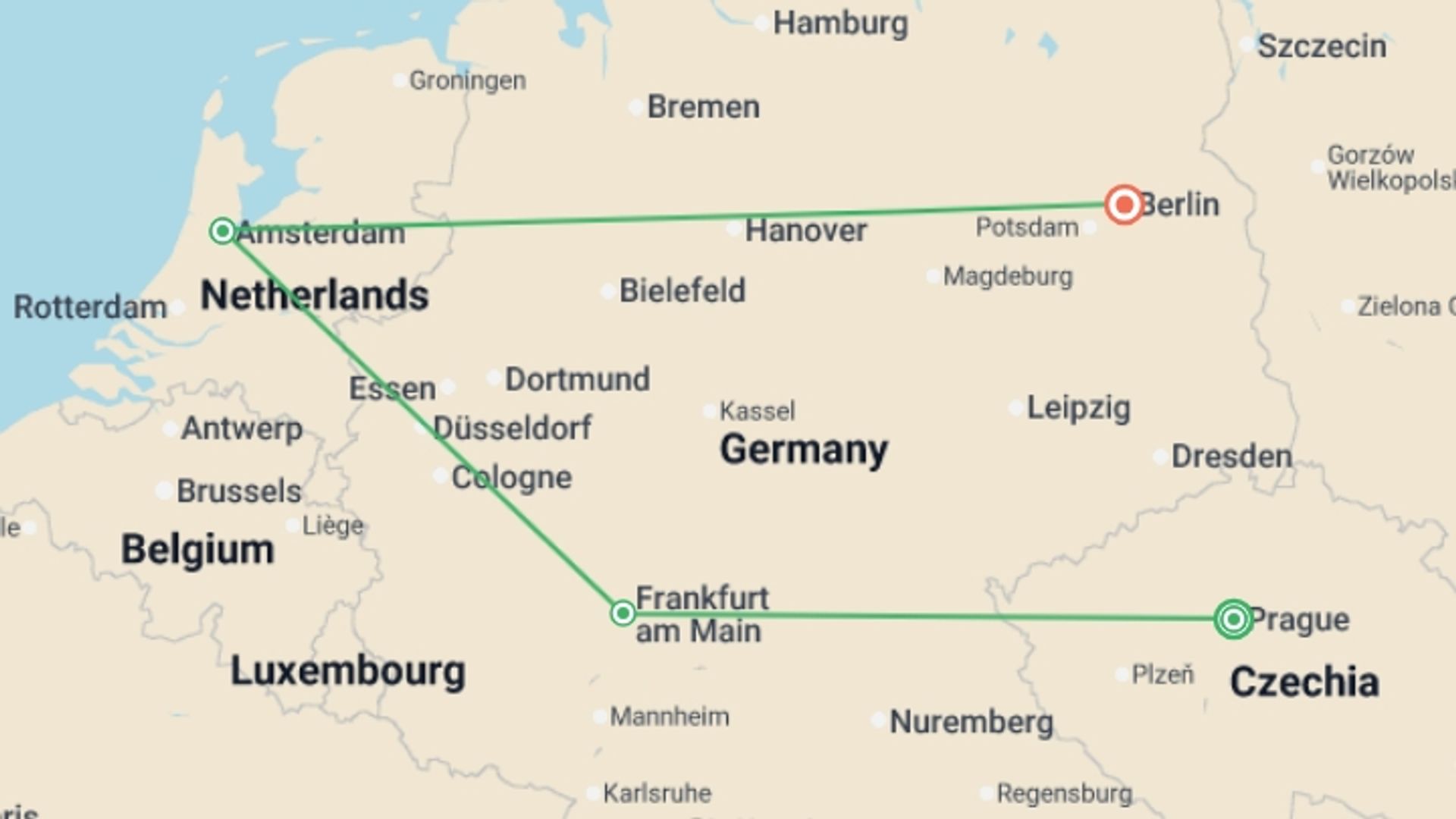 A map showing the tour itinerary for the trip: Prague to Berlin GO, starting in Prague, Czech Republic and ending in Berlin, Germany going through 2 other destinations.