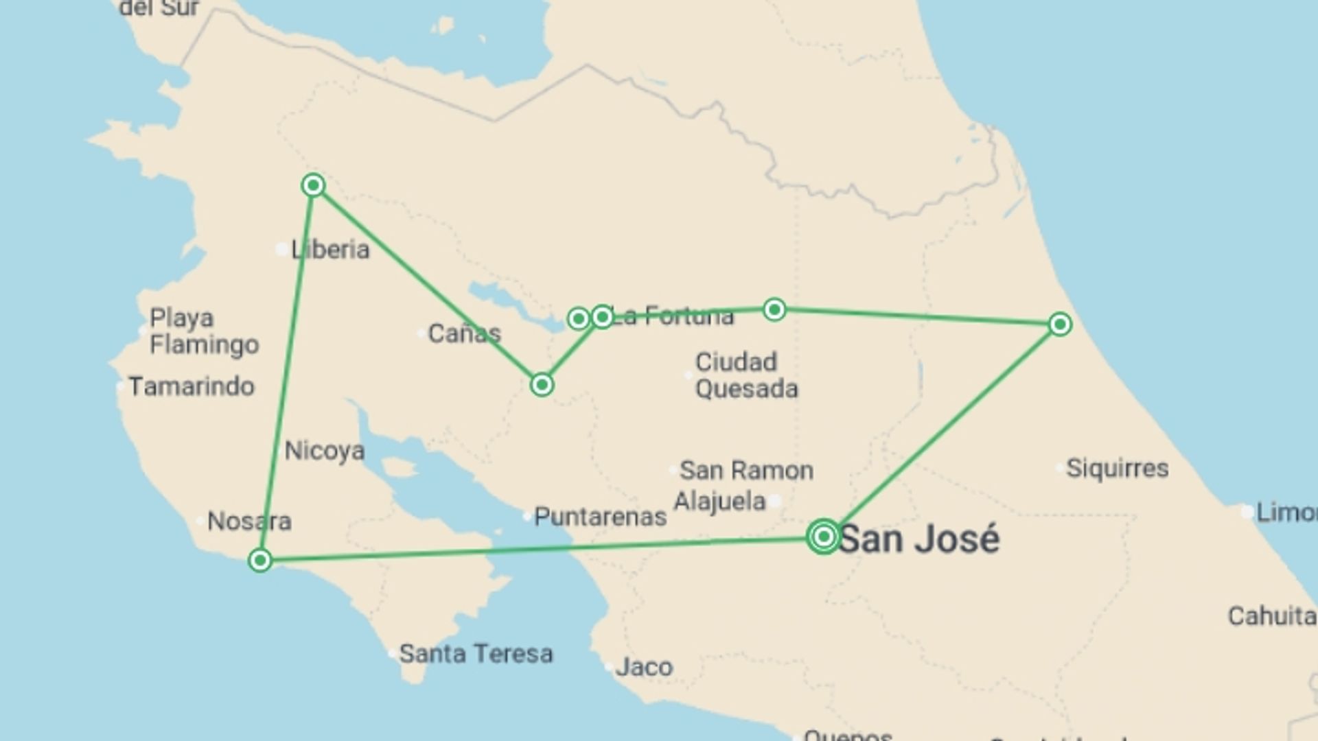 A map showing the tour itinerary for the trip: Costa Rica Adventure, starting in San Jose, Costa Rica and ending in San Jose, Costa Rica going through 6 other destinations.