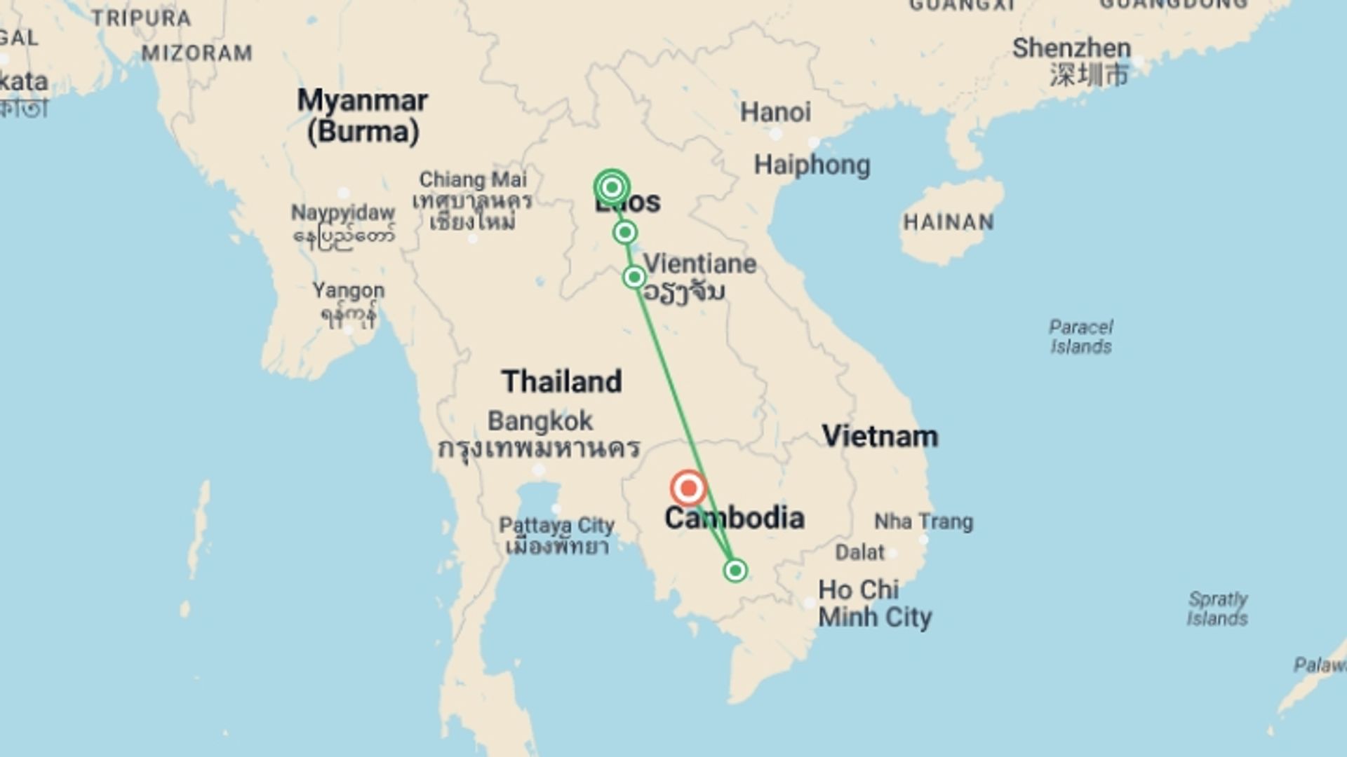 A map showing the tour itinerary for the trip: Cambodia & Laos Uncovered, starting in Luang Prabang, Laos and ending in Siem Reap, Cambodia going through 3 other destinations.