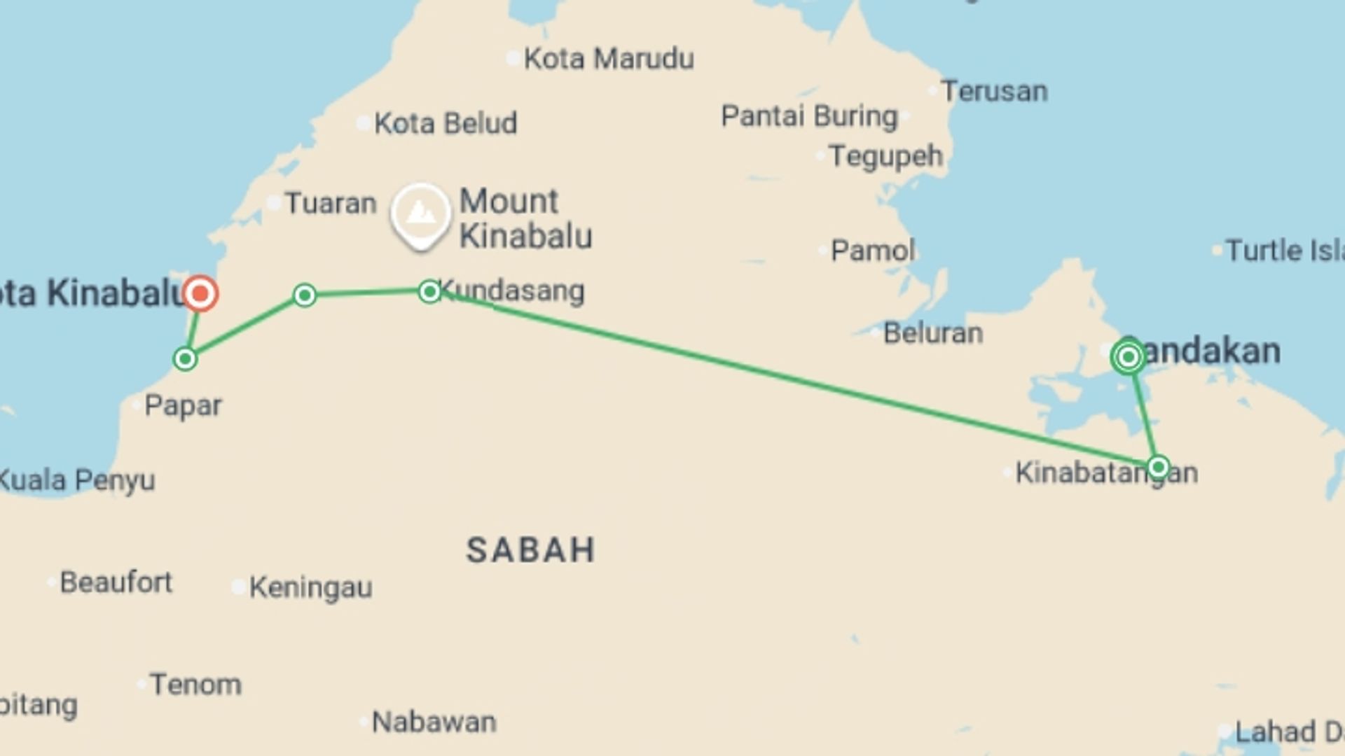A map showing the tour itinerary for the trip: Real Borneo, starting in Sandakan, Malaysia and ending in Kota Kinabalu, Malaysia going through 4 other destinations.