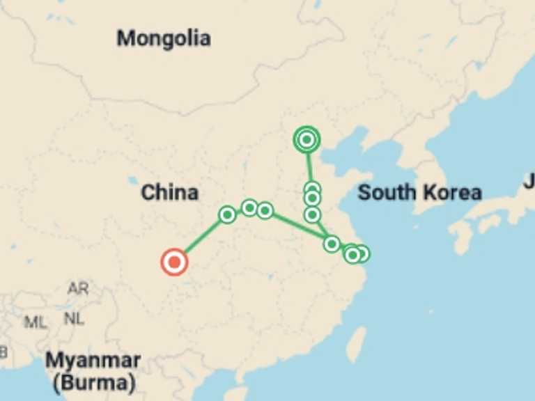 Map itinerary of Asia Tour in September 2026 with 8 destination visits for the trip: Traditional China and Chengdu