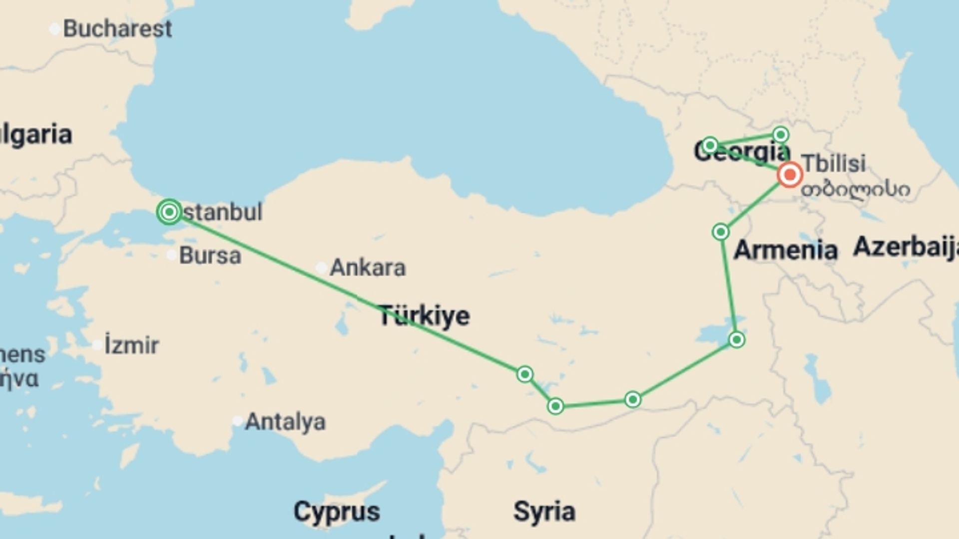 A map showing the tour itinerary for the trip: Eastern Turkey & Georgia Discovery, starting in Istanbul, Turkey and ending in Tbilisi, Georgia going through 7 other destinations.