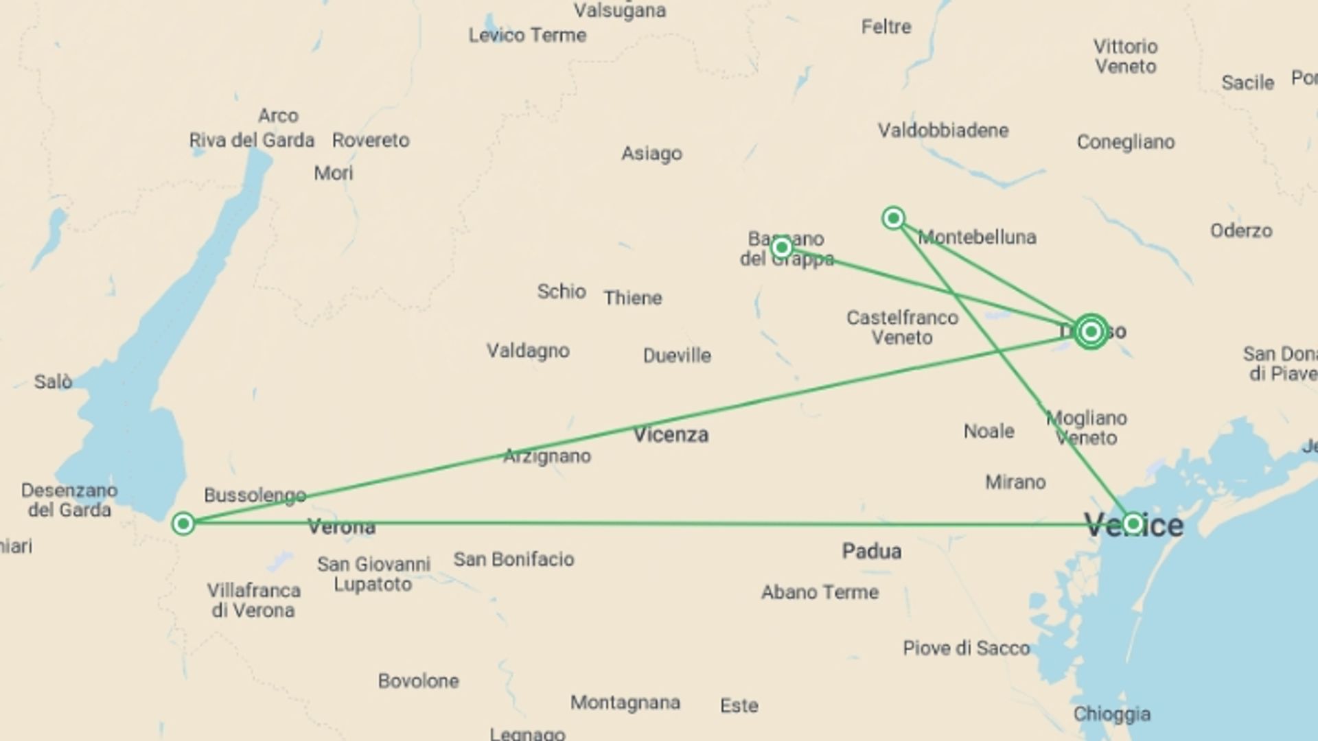 A map showing the tour itinerary for the trip: Spotlight on Northern Italy featuring Venice, Verona & the Dolomites, starting in Treviso, Italy and ending in Treviso, Italy going through 4 other destinations.