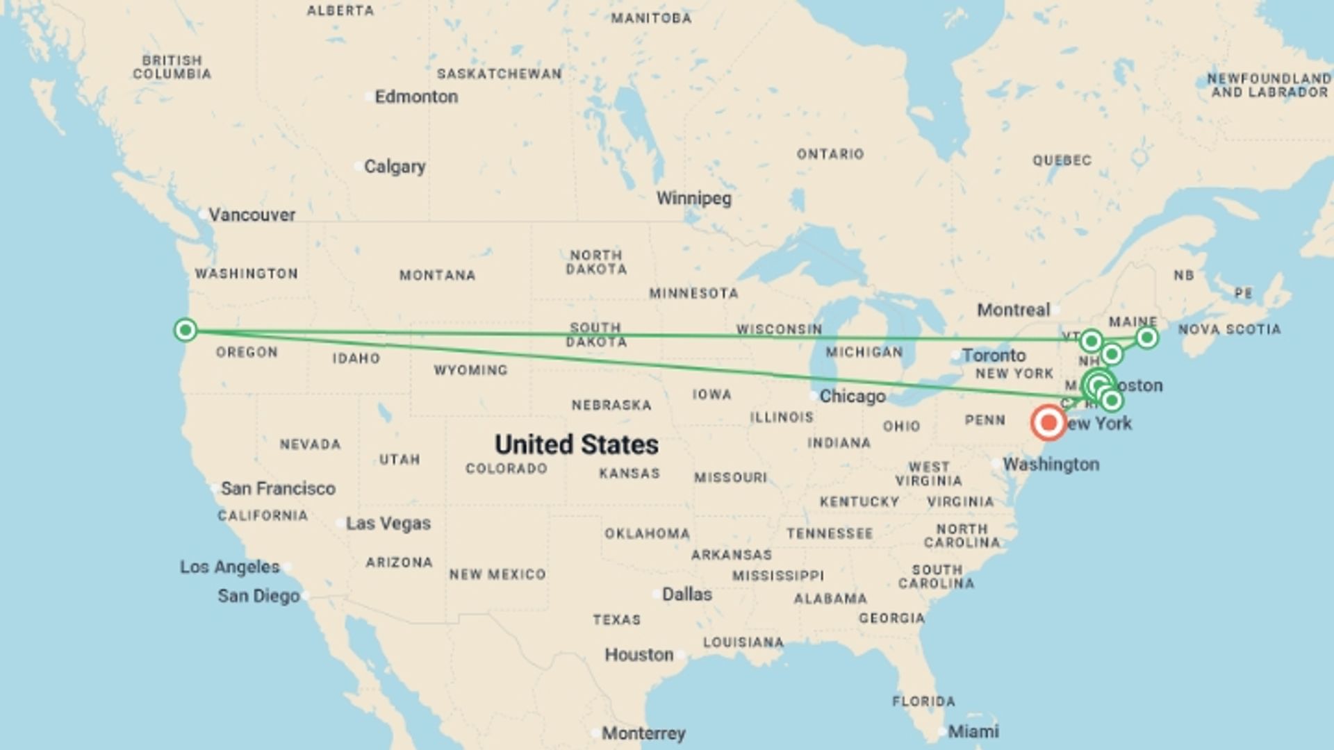 A map showing the tour itinerary for the trip: New England, White Mountains, Cape Cod & New York - 12 days, starting in Boston, USA and ending in New York, USA going through 5 other destinations.