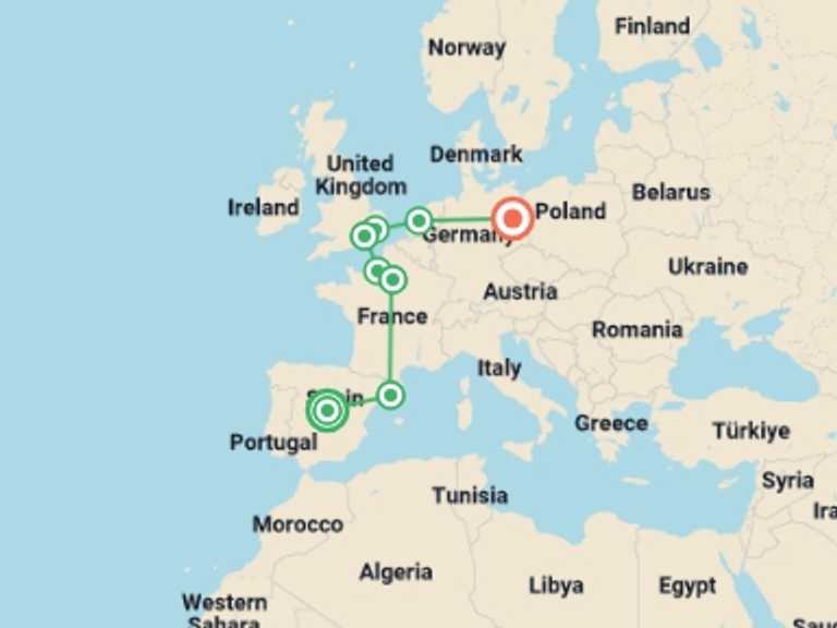 Map itinerary of Mediterranean Tour in May 2026 with 8 destination visits for the trip: Modern Europe with Berlin