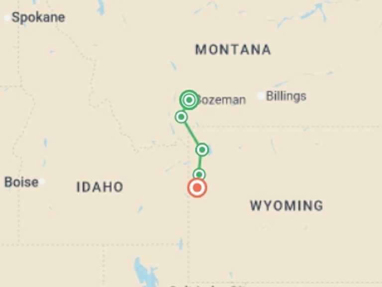 Map of 7-Day North America Tour with 4 destination visits for the trip: Yellowstone Discovery