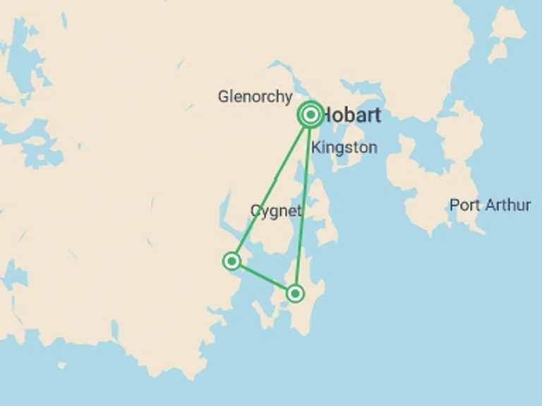 Map itinerary of Australia Tour in Spring with 3 destination visits for the trip: Walk Bruny Island & Tasmania's South West