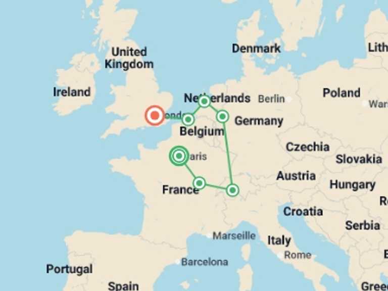 Map of Europe Tour with 7 destination visits for the trip: Europe Taster Christmas