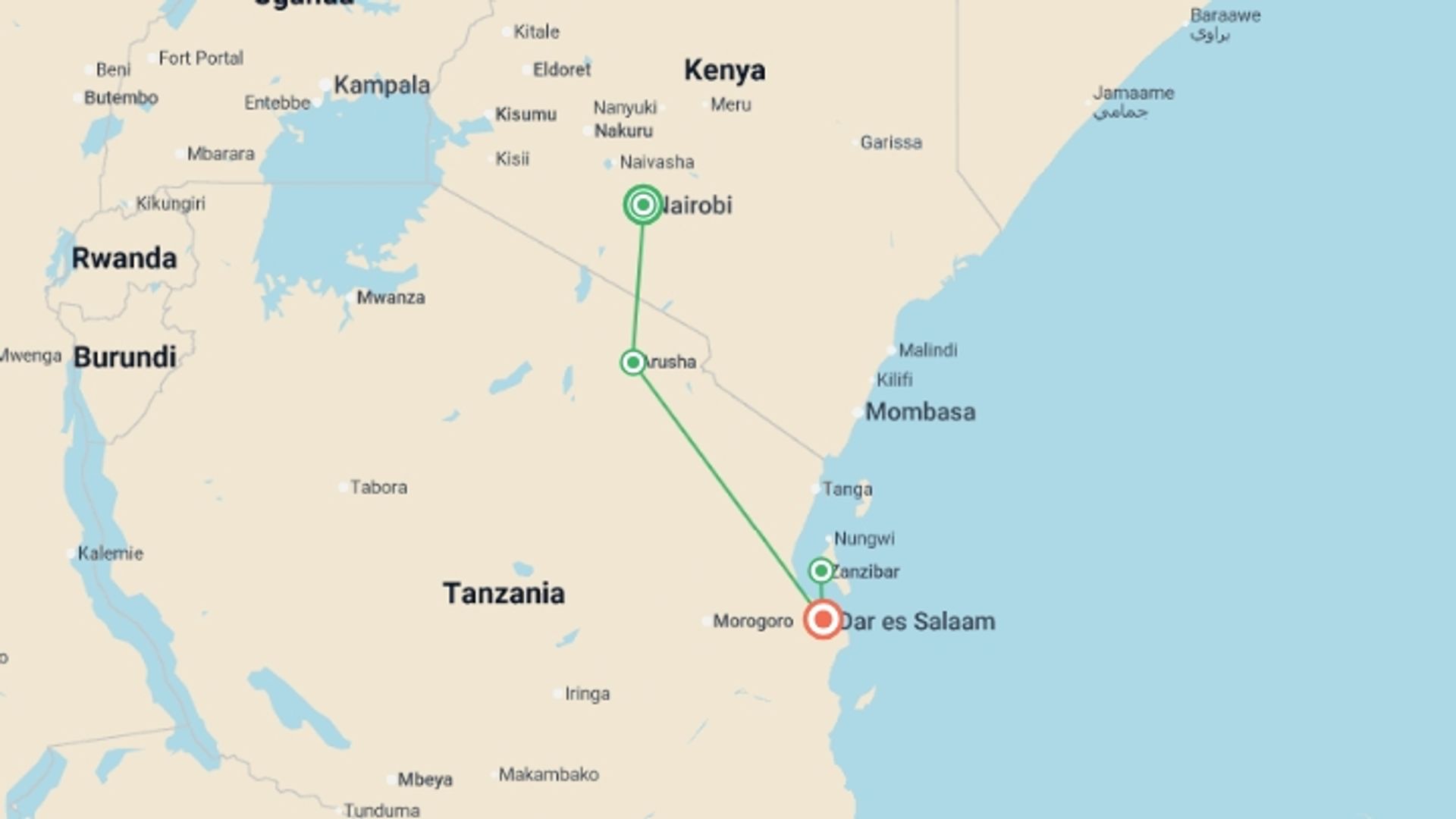 A map showing the tour itinerary for the trip: Nairobi To Dar Es Salaam (14 Days), starting in Nairobi, Kenya and ending in Dar Es Salaam, Tanzania going through 1 other destinations.