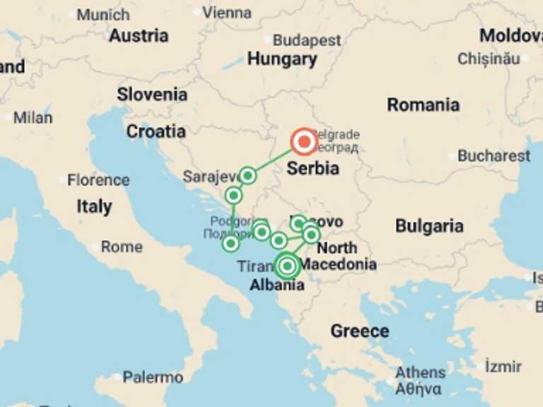 Map itinerary of Balkans Tour in August 2026 with 7 destination visits for the trip: Tirana, Kosovo & Kotor to Sarajevo - 8 days