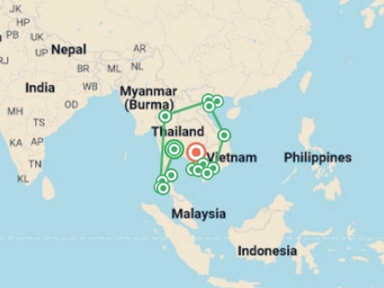 Map of South East Asia Tour with 16 destination visits for the trip: Thailand, Vietnam & Cambodia Adventure - 38 days