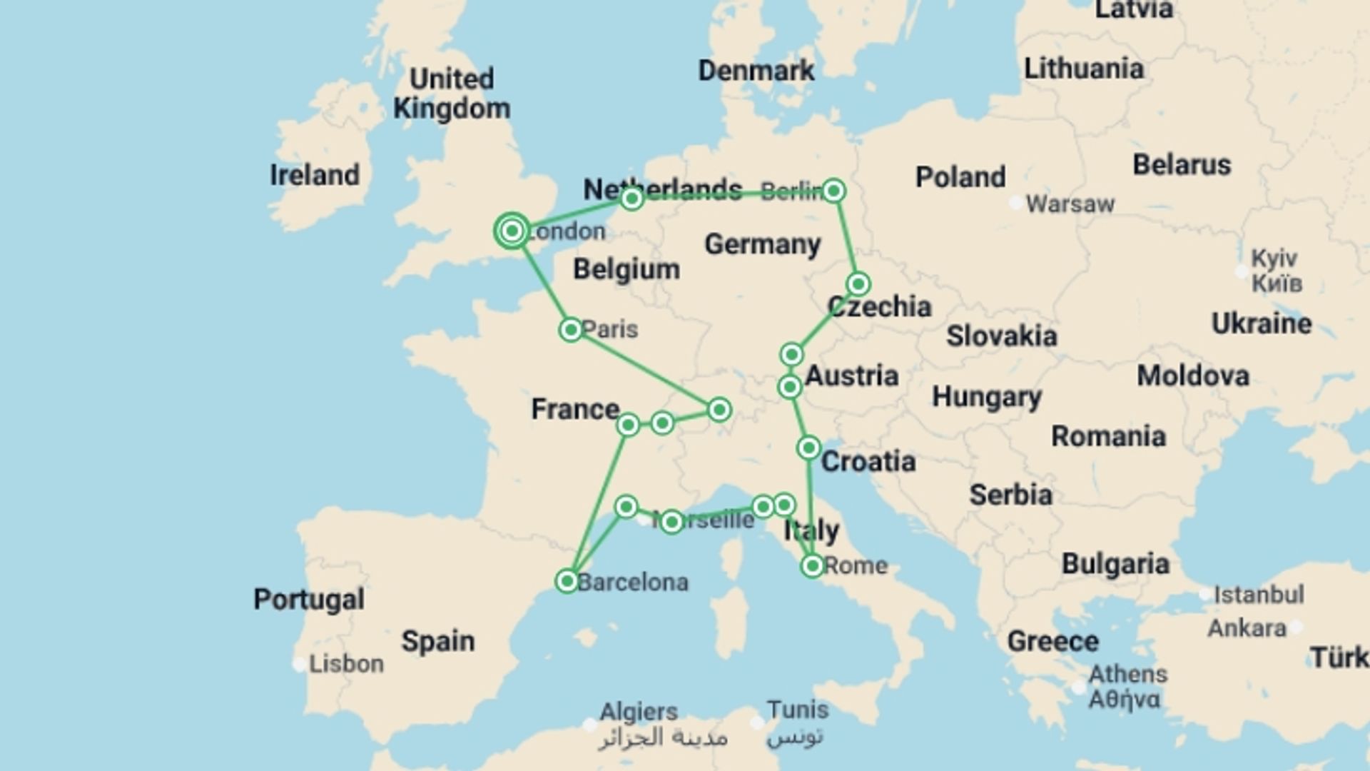 A map showing the tour itinerary for the trip: European Escapade, starting in London, England and ending in London, England going through 13 other destinations.