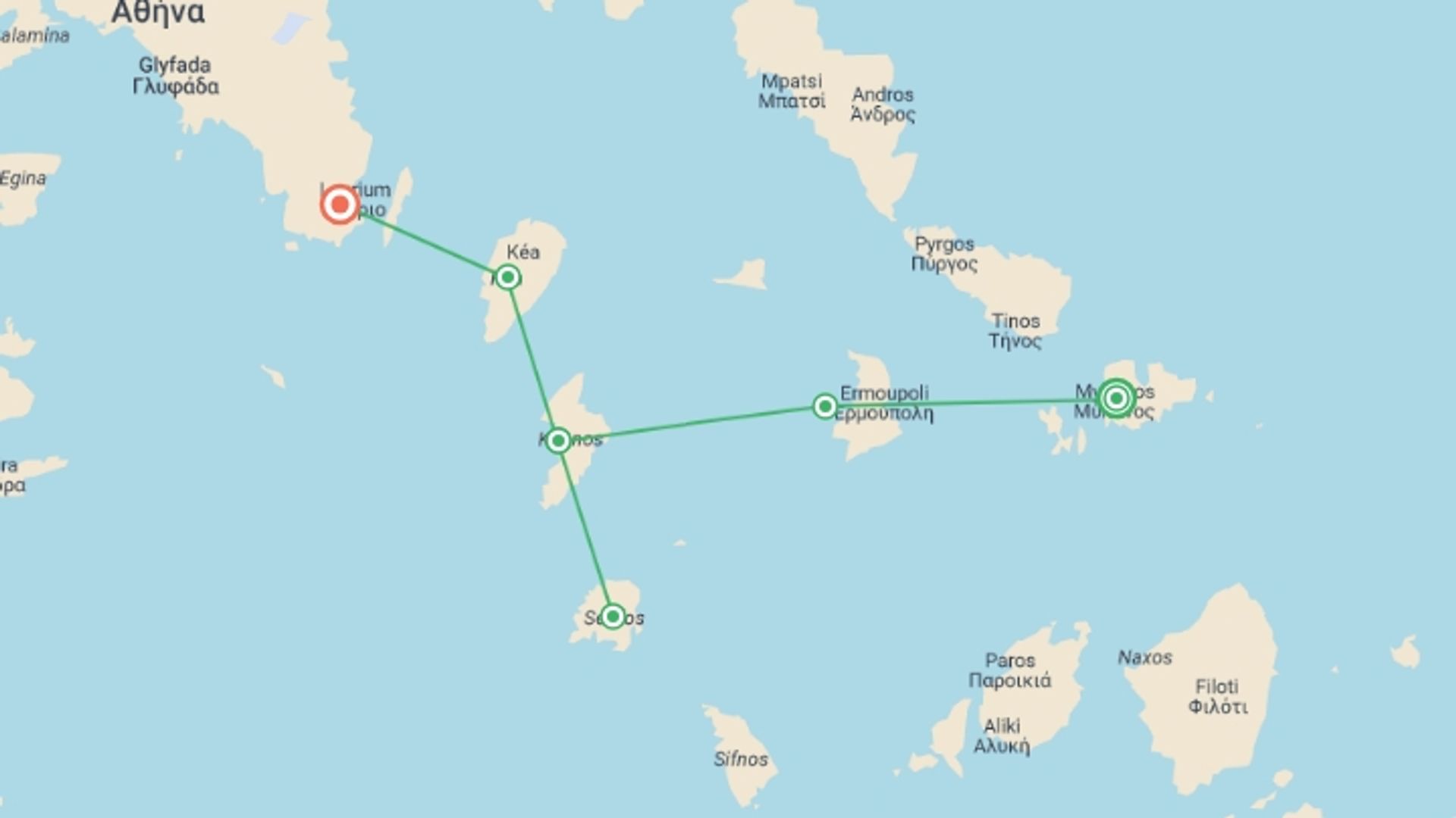A map showing the tour itinerary for the trip: Sail & Hike Greece: Mykonos to Athens, starting in Mykonos, Greece and ending in Lavrio, Greece going through 4 other destinations.