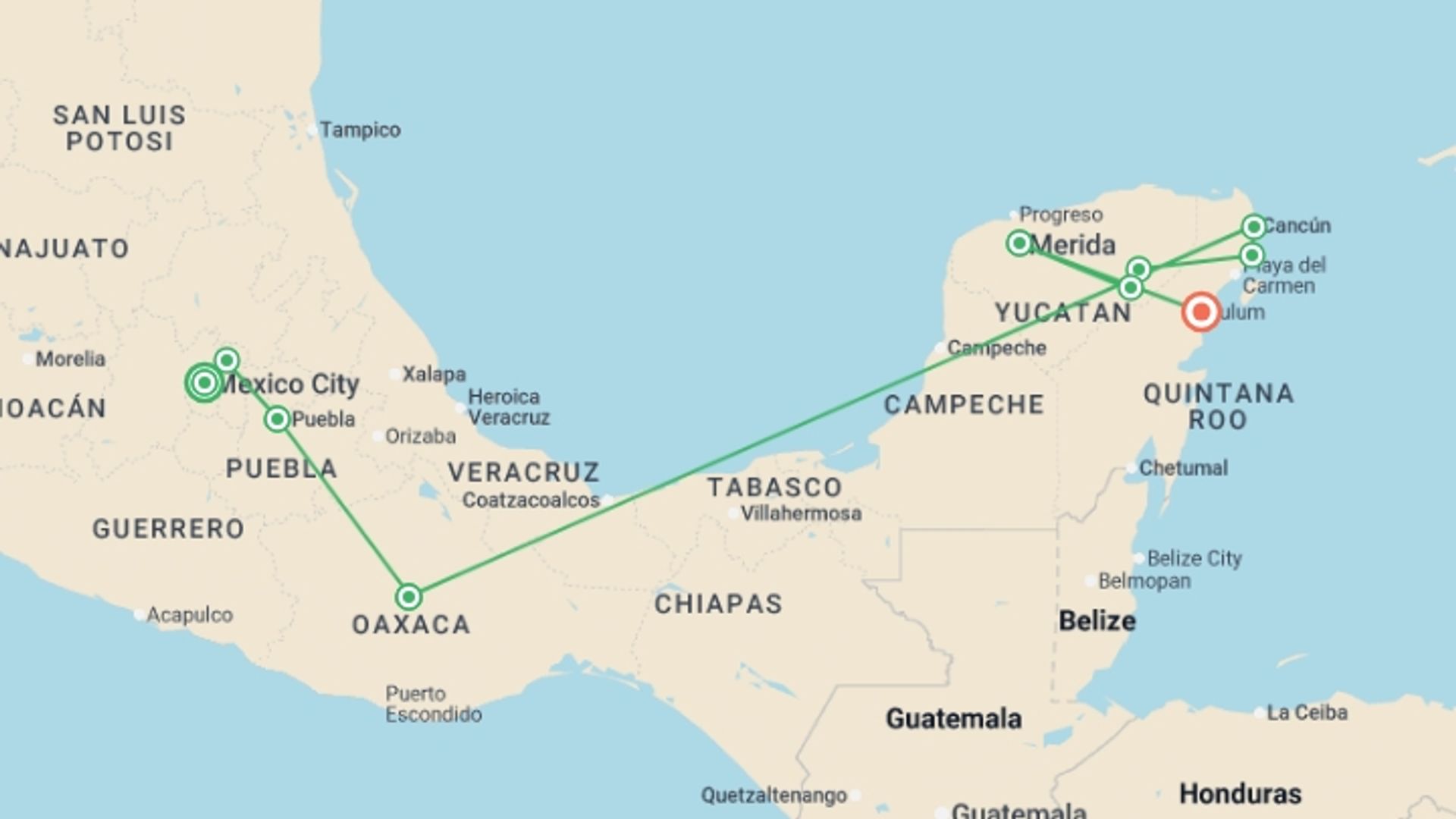 A map showing the tour itinerary for the trip: Premium Mexico in Depth, starting in Mexico City, Mexico and ending in Tulum, Mexico going through 6 other destinations.