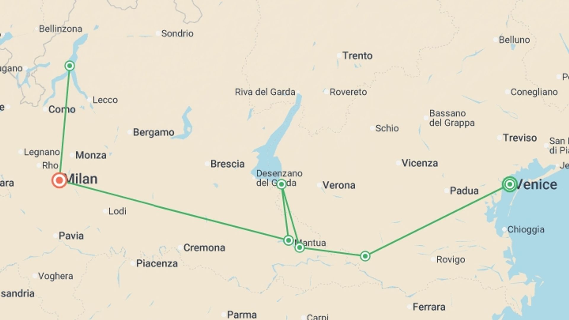 A map showing the tour itinerary for the trip: From the Canals of Venice to Renaissance-infused Mantua & Milan and Lake Como Extended Stay (port-to-port cruise), starting in undefined, Italy and ending in undefined, Italy going through 0 other destinations.