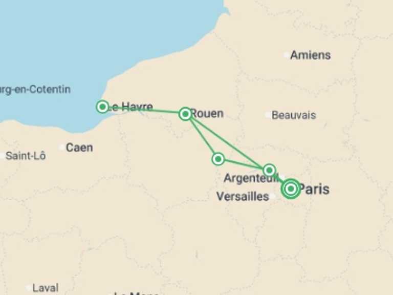 Map itinerary of Europe Tour in June 2026 with 4 destination visits for the trip: Picturesque Solo Seine Cruise