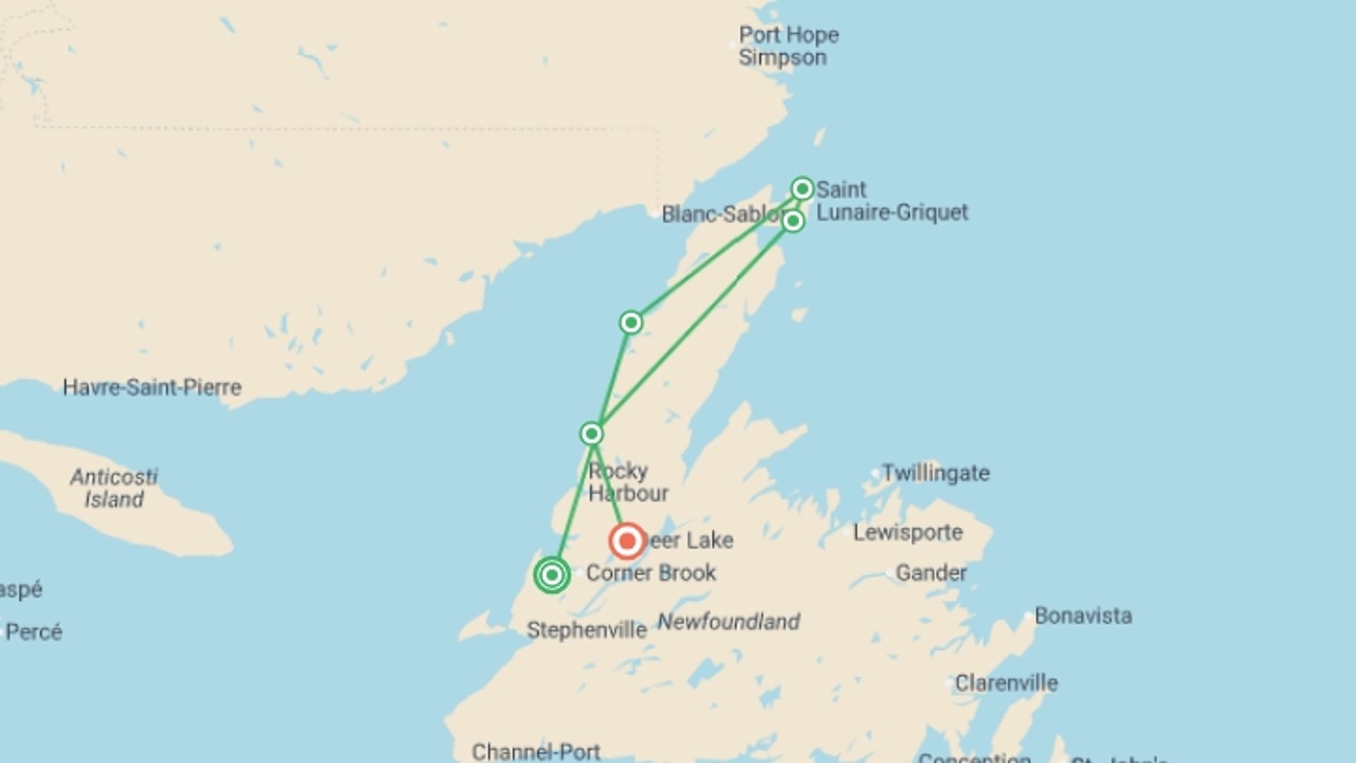 A map showing the tour itinerary for the trip: Newfoundland Viking Trail From Corner Brook - 7 days, starting in Corner Brook, Canada and ending in Deer Lake, Canada going through 5 other destinations.