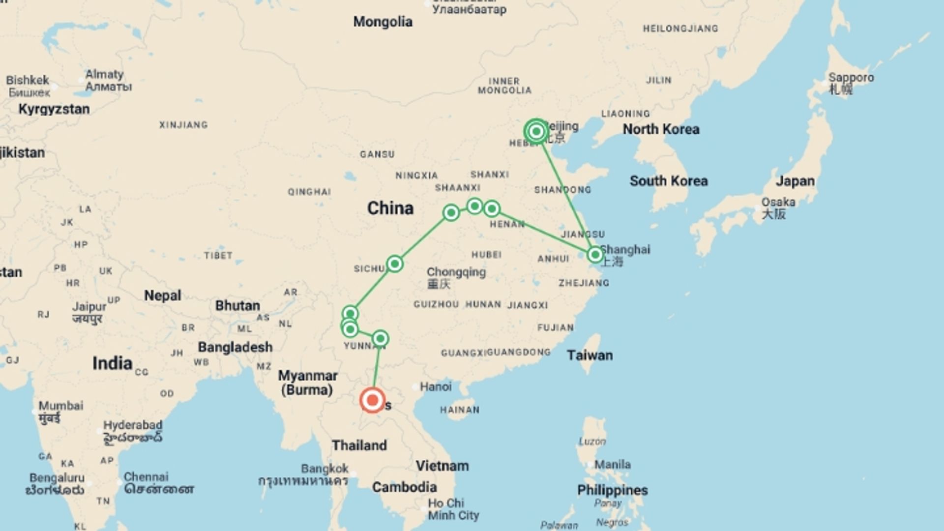 A map showing the tour itinerary for the trip: China and Laos: Two Worlds, One Journey, starting in Beijing, China and ending in Luang Prabang, Laos going through 7 other destinations.