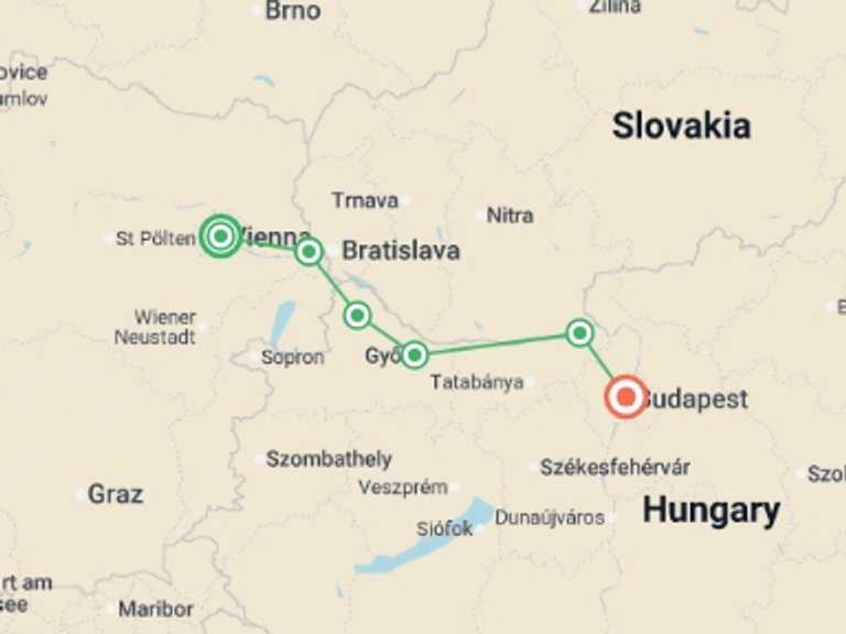 Map itinerary of Europe Tour in May 2026 with 7 destination visits for the trip: Cycling from Vienna to Budapest