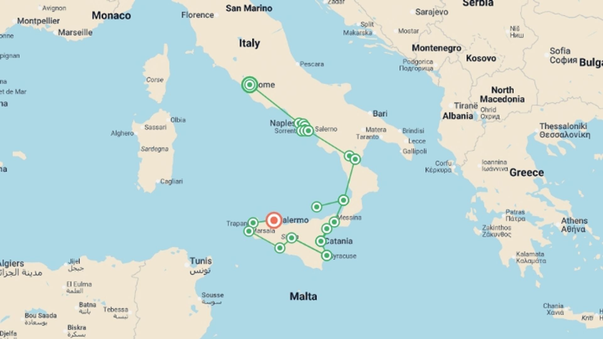 A map showing the tour itinerary for the trip: Rome to Sicily, starting in Rome, Italy and ending in Palermo, Italy going through 11 other destinations.
