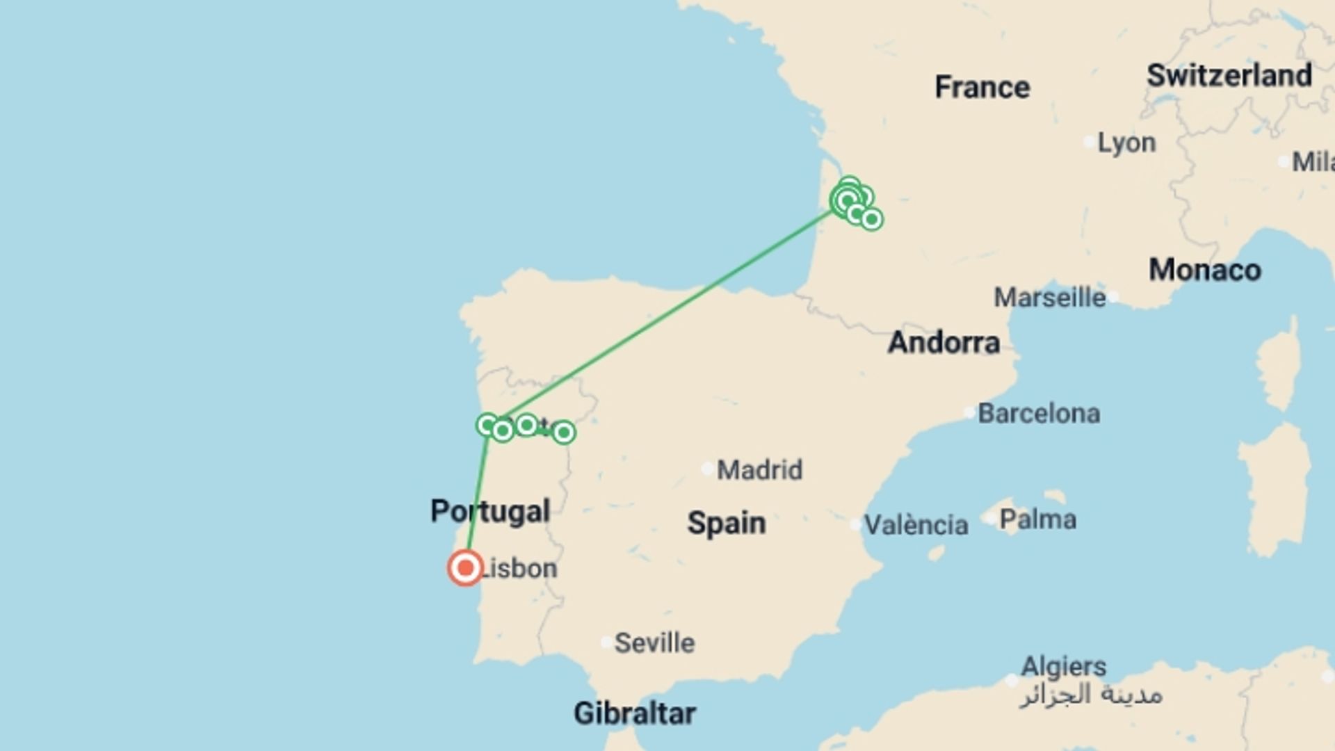 A map showing the tour itinerary for the trip: Wine Roads of France & Portugal (2027), starting in Bordeaux, France and ending in Lisbon, Portugal going through 8 other destinations.