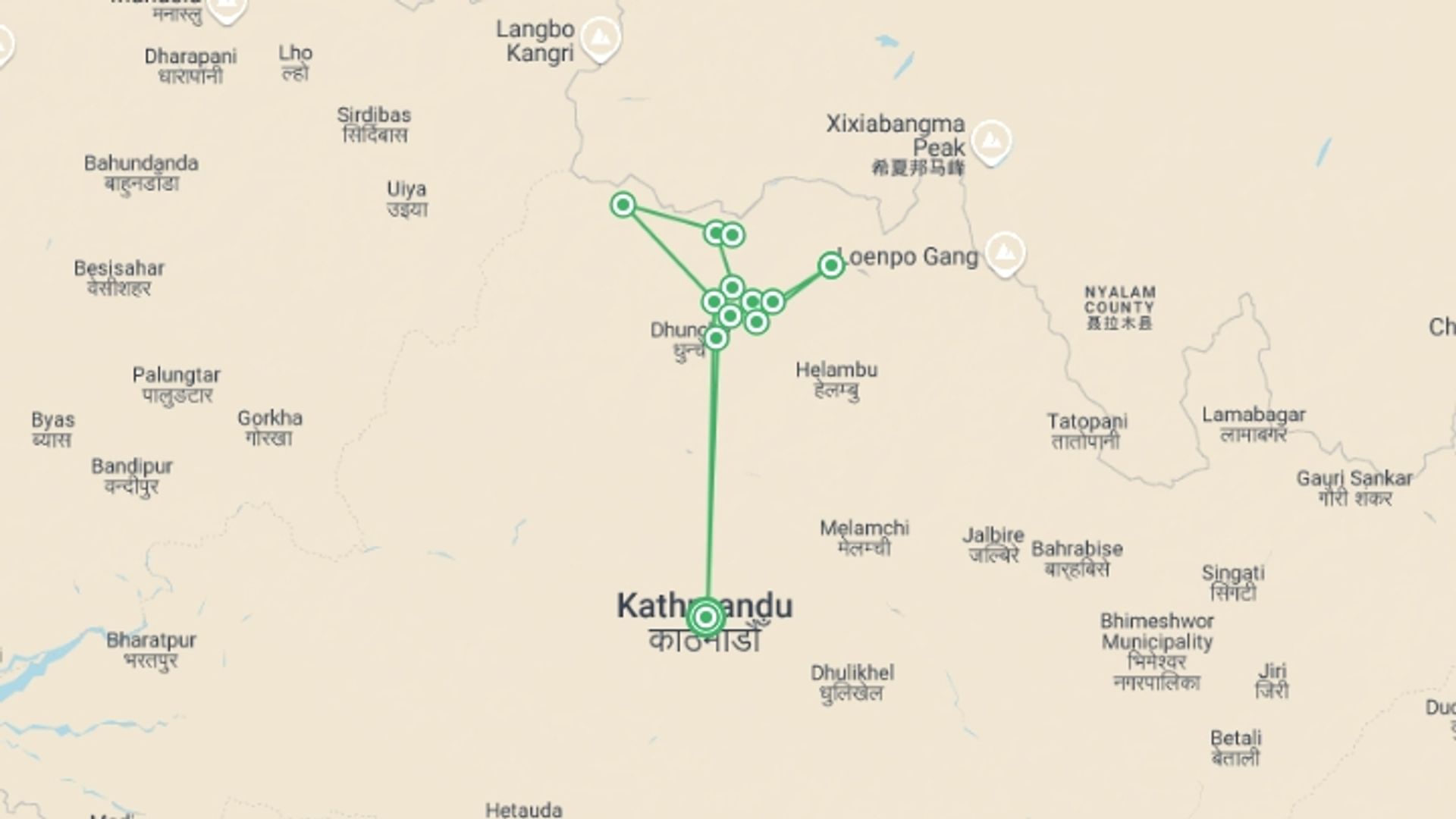 A map showing the tour itinerary for the trip: Langtang and Tamang Heritage trek, starting in Kathmandu, Nepal and ending in Kathmandu, Nepal going through 11 other destinations.