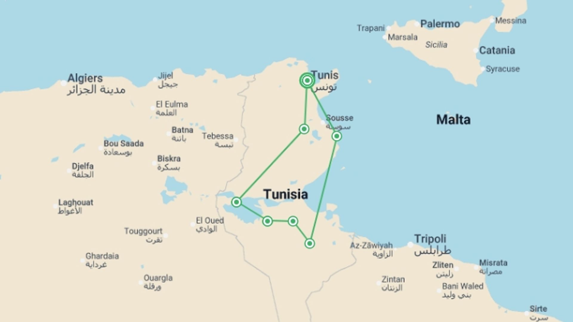 A map showing the tour itinerary for the trip: Tunisia Expedition, starting in Tunis, Tunisia and ending in Tunis, Tunisia going through 6 other destinations.
