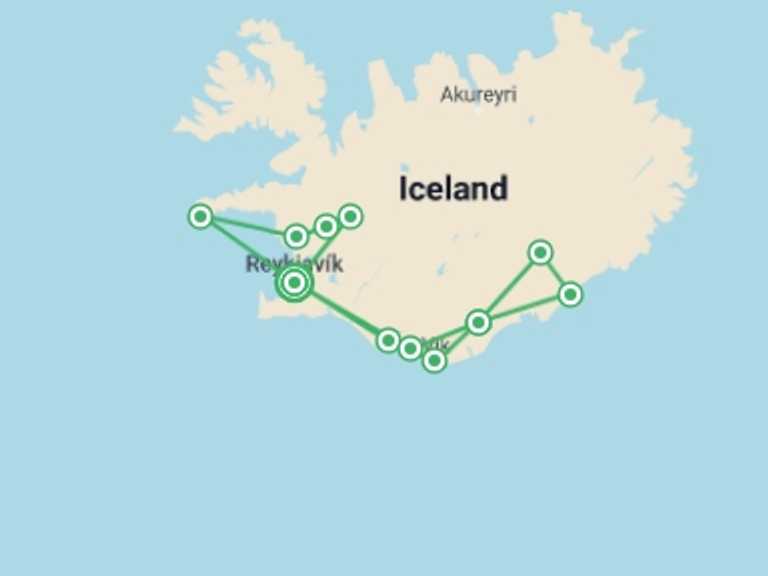 Map itinerary of Reykjavik Tour in November 2026 with 3 destination visits for the trip: Northern lights and Golden Circle of Iceland