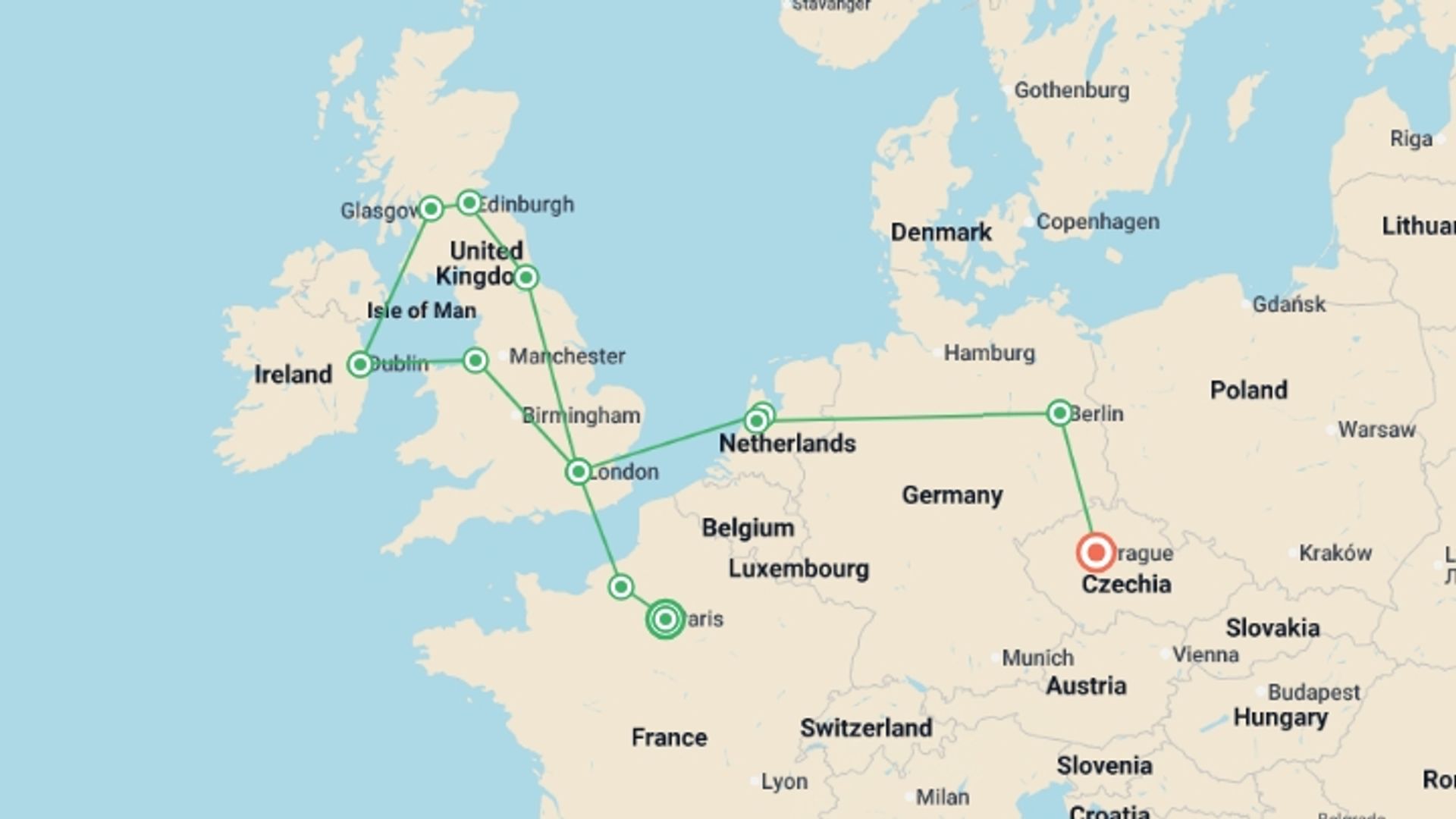 A map showing the tour itinerary for the trip: Electrifying Europe, starting in Paris, France and ending in Prague, Czech Republic going through 10 other destinations.