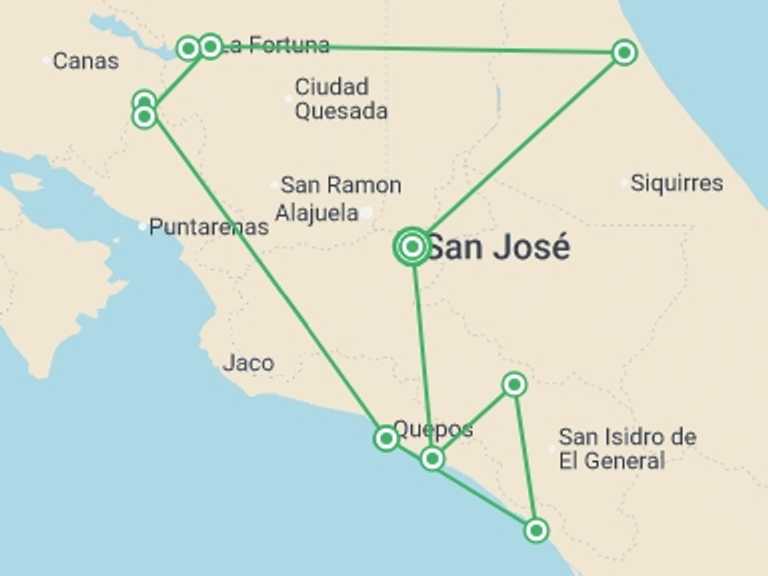 Map of 15-Day San Jose Tour with 9 destination visits for the trip: Discover Costa Rica - with Dominical
