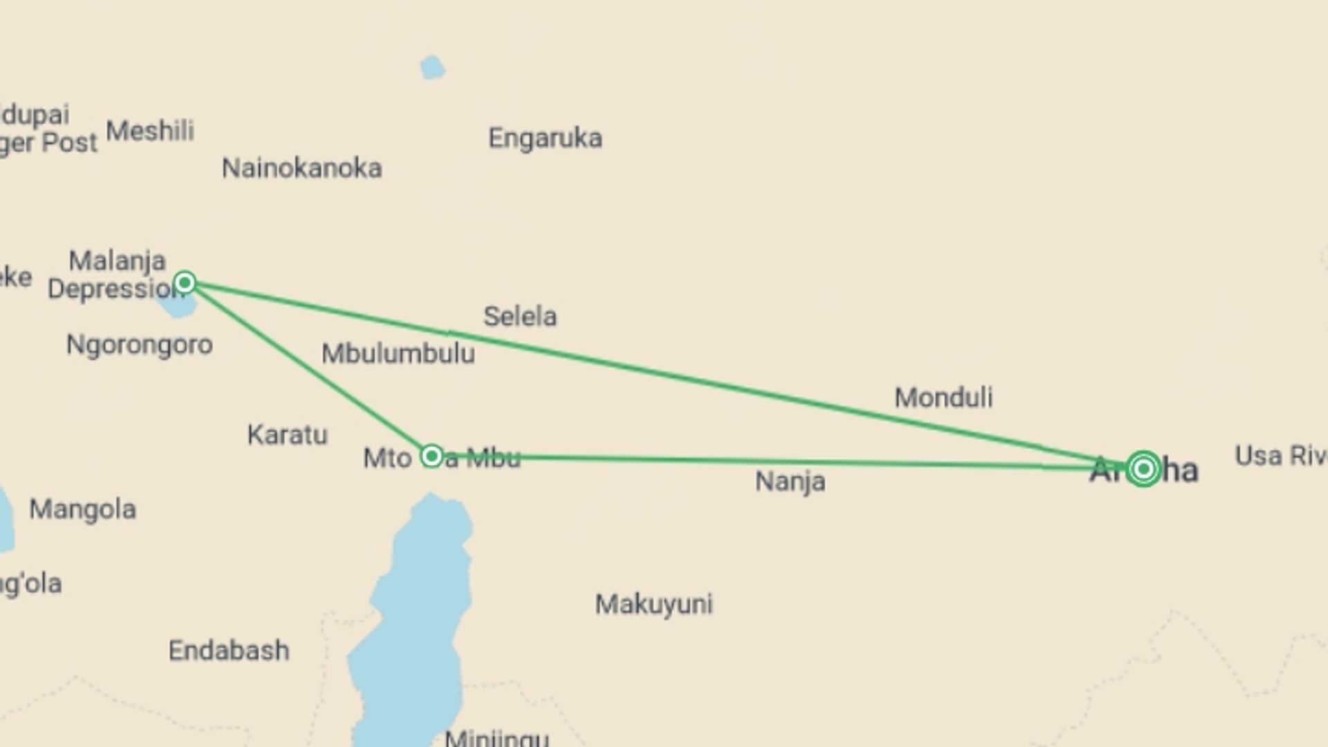 A map showing the tour itinerary for the trip: 2-Day Lake Manyara & Ngorongoro Safari Tour, starting in Arusha, Tanzania and ending in Arusha, Tanzania going through 2 other destinations.