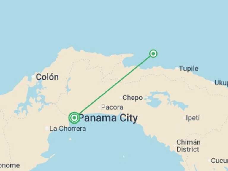 Map itinerary of Central America Tour in April 2027 with 2 destination visits for the trip: Panama: Sandy Beaches & San Blas Sunsets