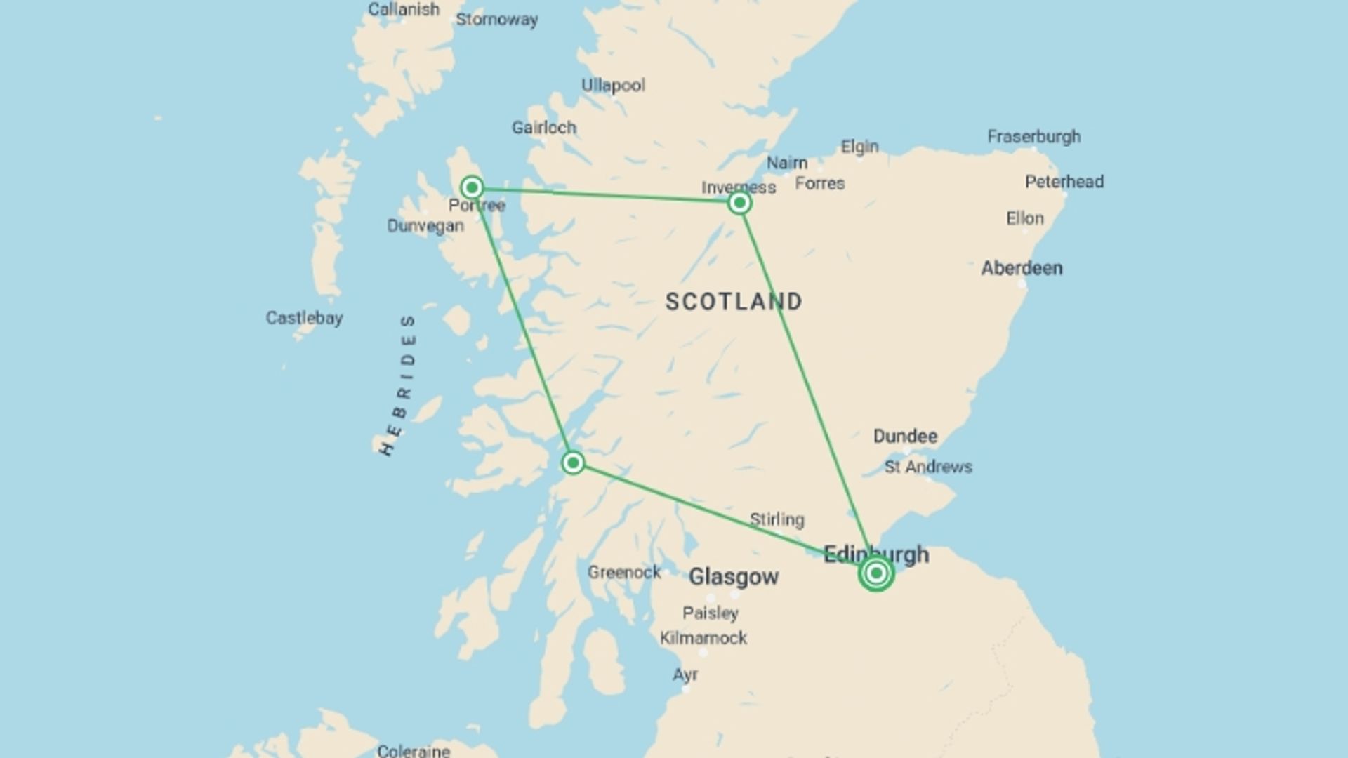 A map showing the tour itinerary for the trip: Highland Fling, starting in Edinburgh, Scotland and ending in Edinburgh, Scotland going through 3 other destinations.