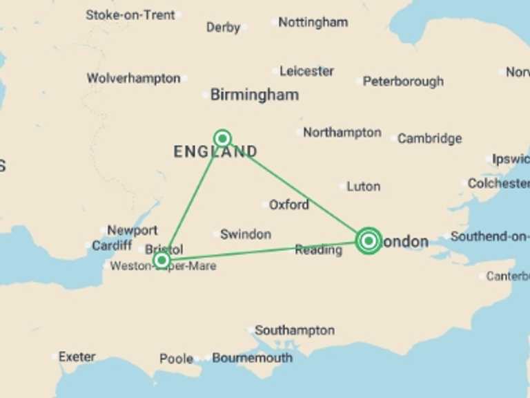 Map itinerary of UK and Britain Tour in August 2026 with 3 destination visits for the trip: Heart of England