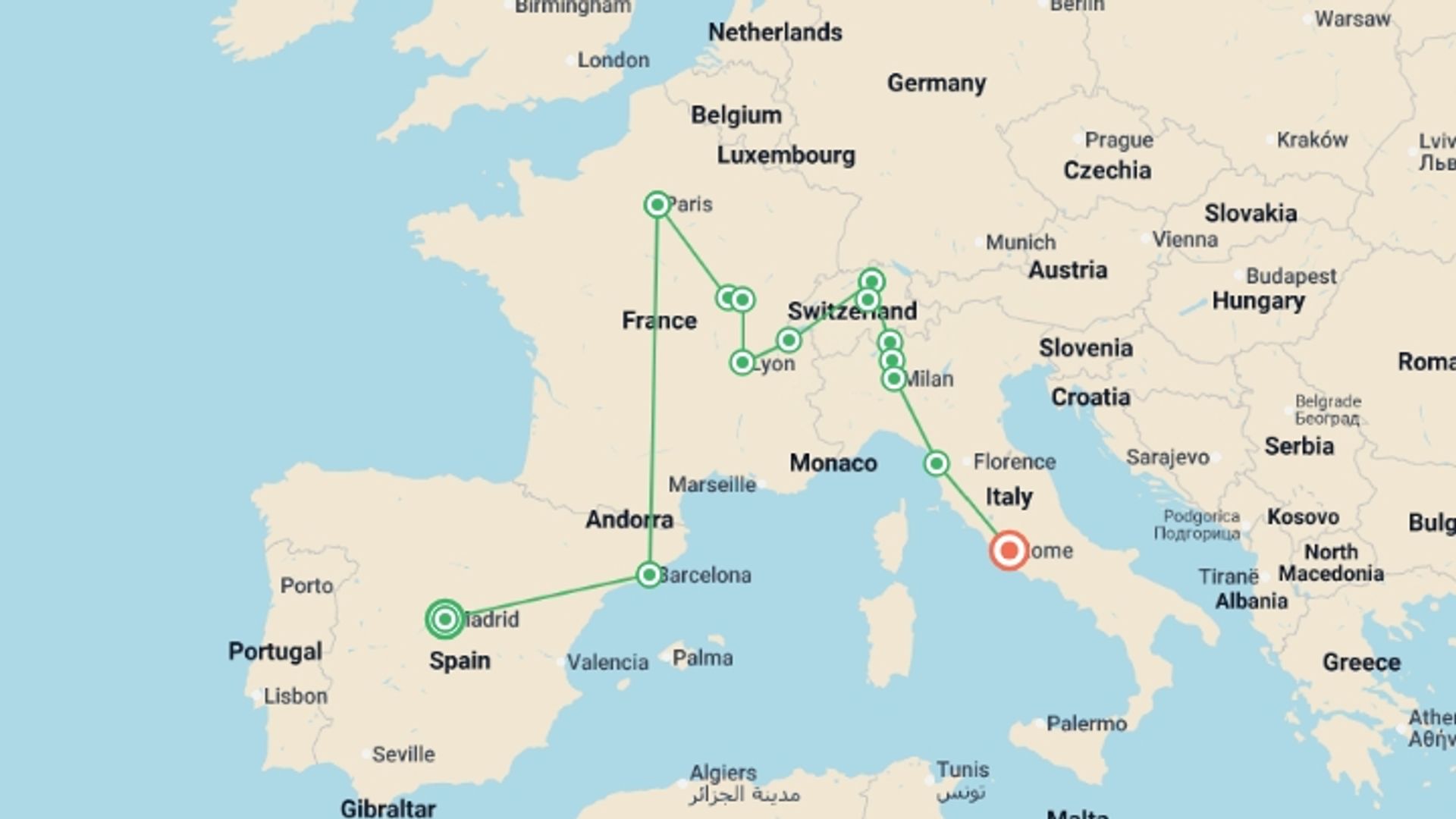A map showing the tour itinerary for the trip: European Wonders, starting in Madrid, Spain and ending in Rome, Italy going through 5 other destinations.