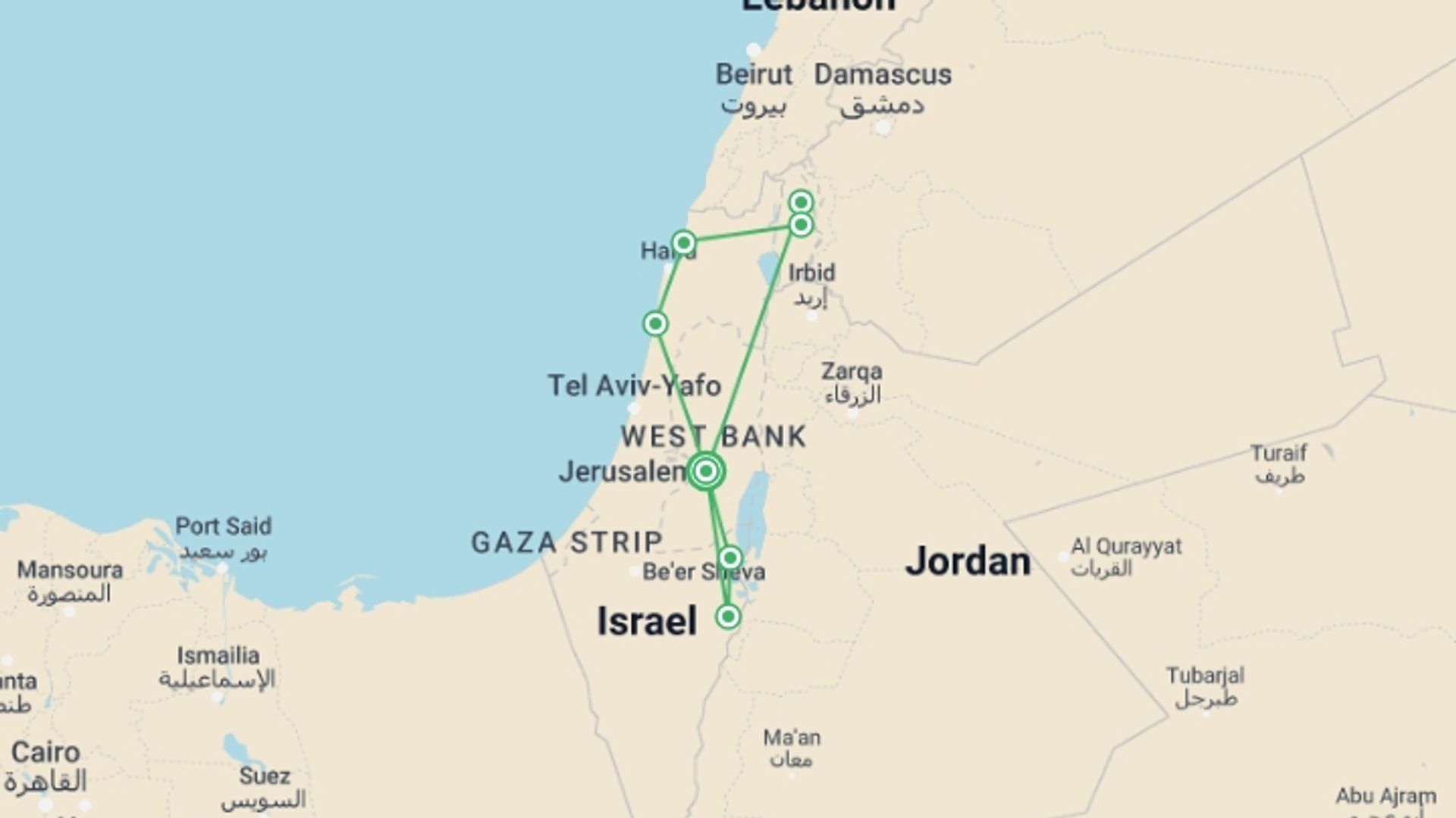 A map showing the tour itinerary for the trip: Jewish Israel Tour Package, 4 Days From Jerusalem, starting in Jerusalem, Israel and ending in Jerusalem, Israel going through 2 other destinations.