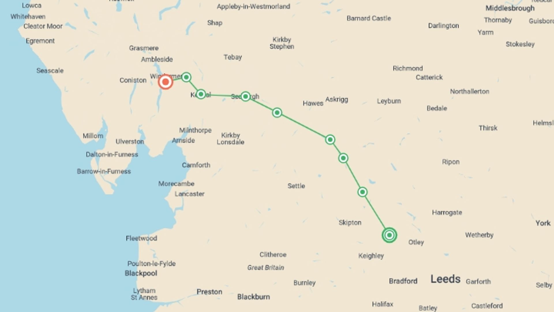 A map showing the tour itinerary for the trip: The Dales Way - 10 Days, starting in Ilkley, England and ending in Bowness-on-Windermere, England going through 7 other destinations.