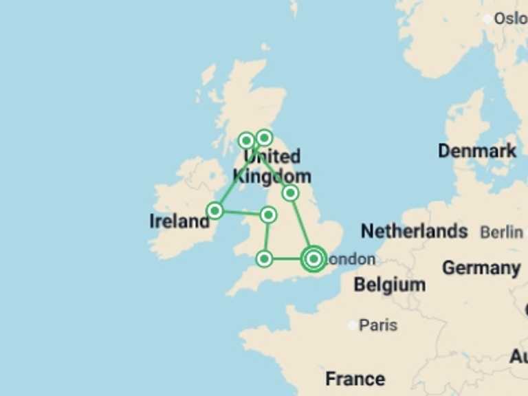Map itinerary of Europe Tour in April 2027 with 7 destination visits for the trip: Britain and Ireland Highlights - Signature