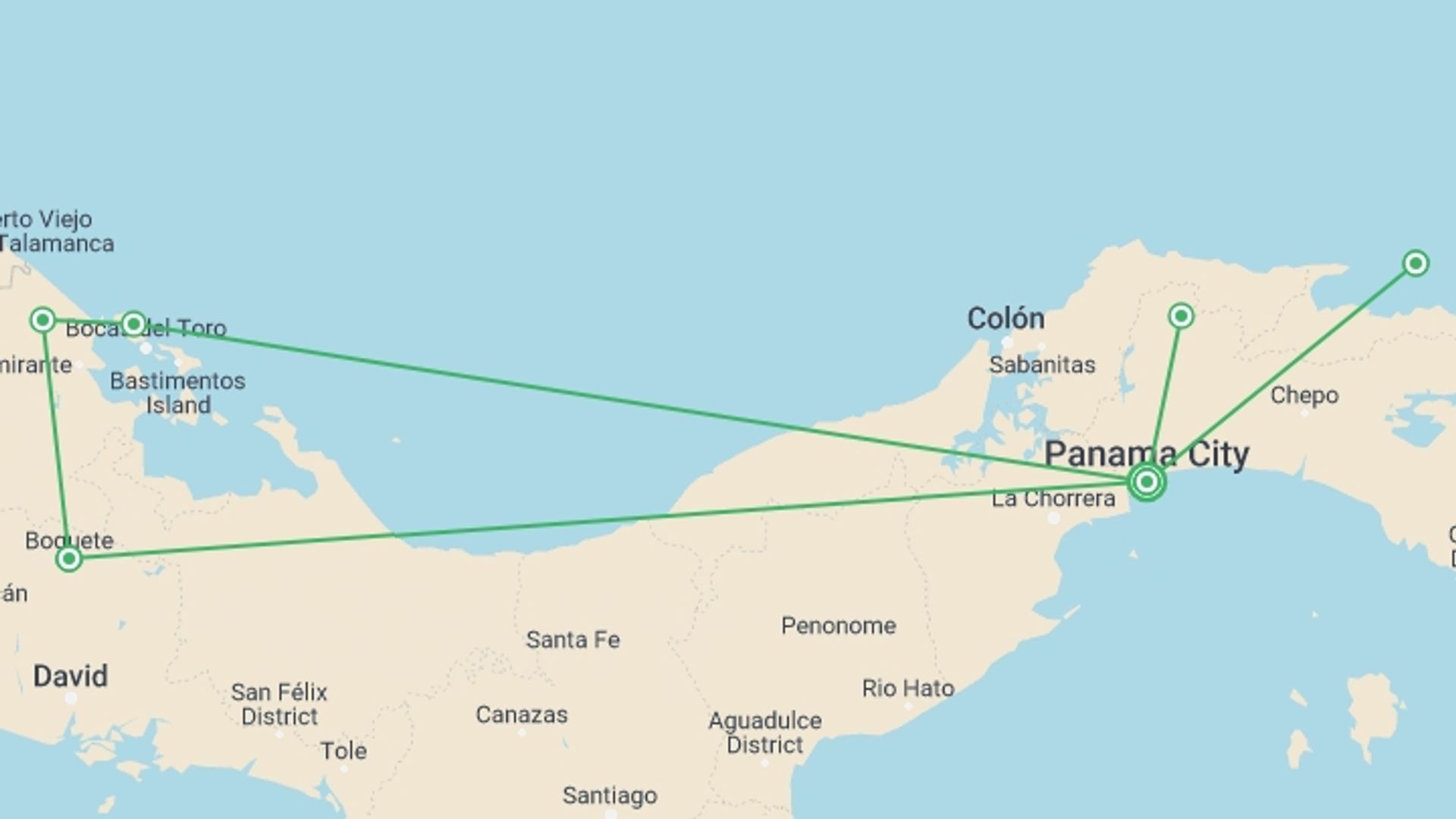 A map showing the tour itinerary for the trip: Best of Panama, starting in Panama City, Panama and ending in Panama City, Panama going through 4 other destinations.